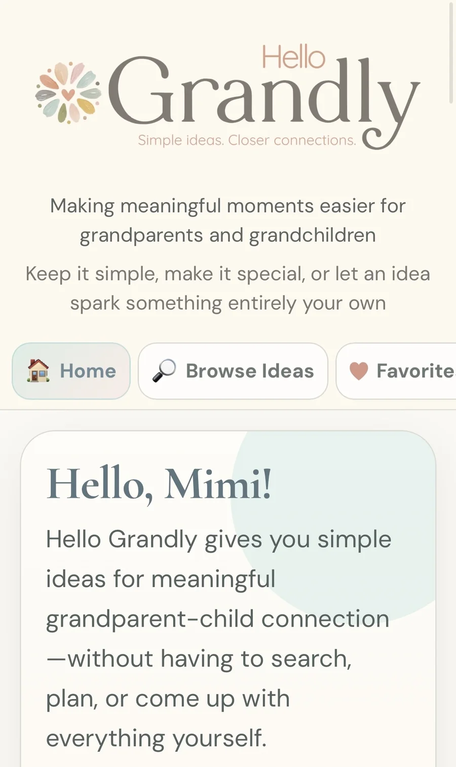 Hello Grandly app home screen with the greeting Hello, Mimi