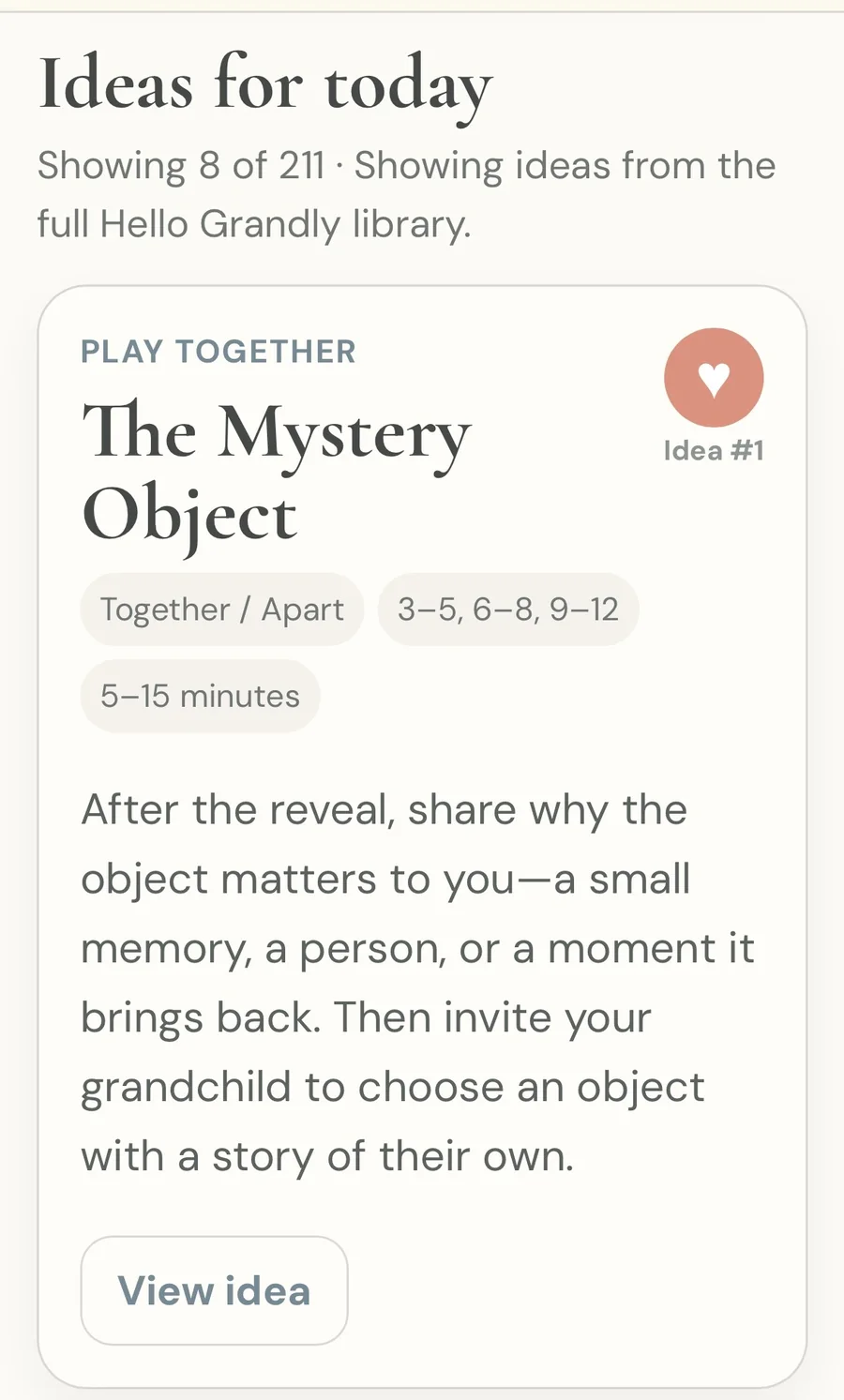 Hello Grandly Ideas for today screen showing 8 of 211 ideas