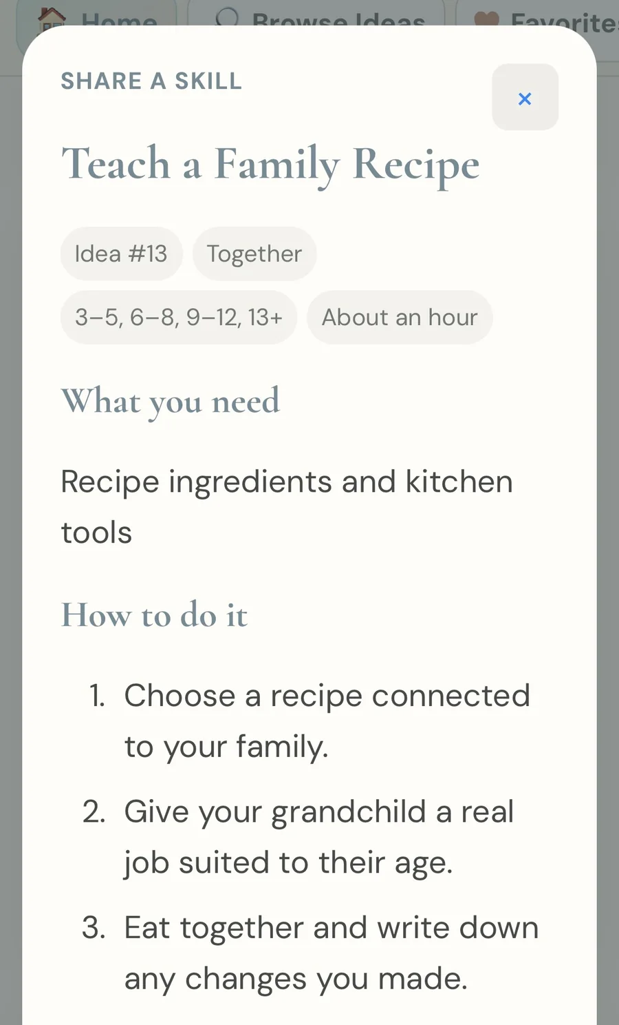 Teach a Family Recipe instructions in Hello Grandly